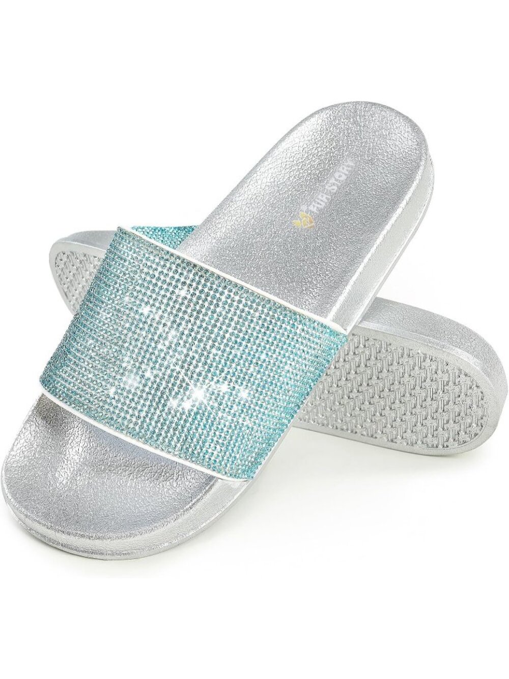 Women's Blue Silver Slides House Slippers Rhinestone Glitter Slides Cute bling